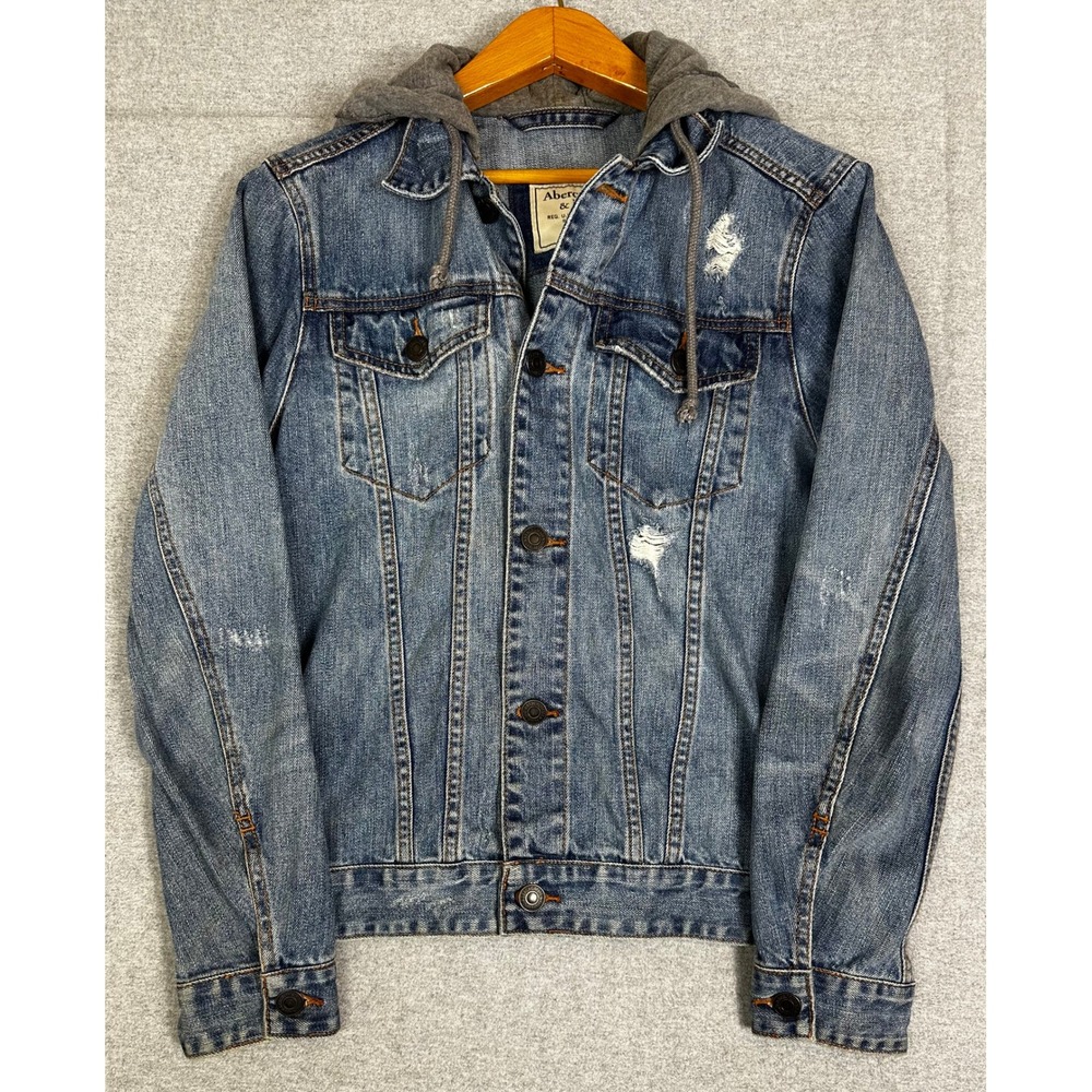 Abercrombie & Fitch Denim Jacket Mens M Blue Distressed Hooded Trucker Y2K
